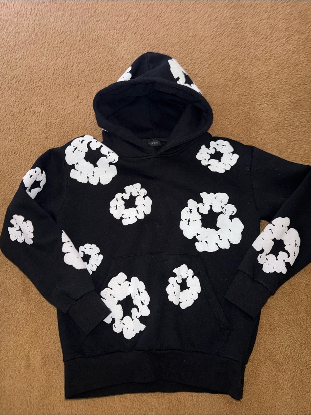 Black Hoodie with White Cloud Ring Prints